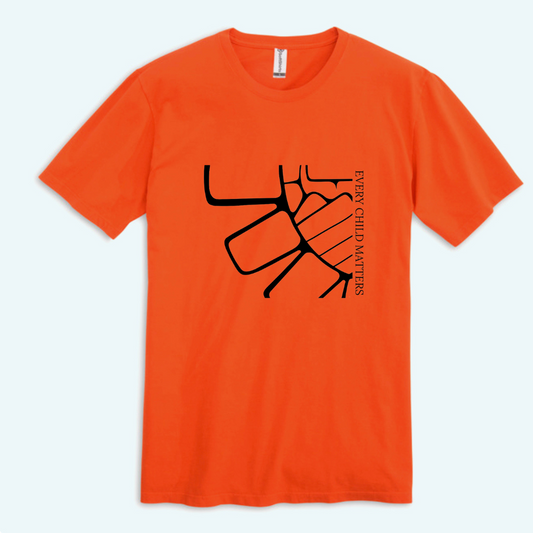 An orange shirt featuring artwork by an Ojibway (Indigenous) artist, with a round neck design available in sizes up to 3XL.