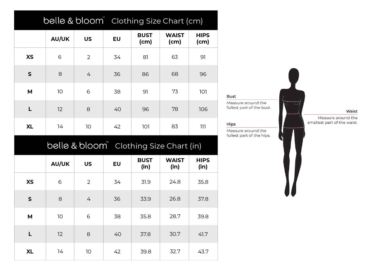 Measurement guide: Bust - Measure around the fullest part of the bust. Waist - Measure around the smallest part of the waist. Hips - Measure around the fullest part of the hips.