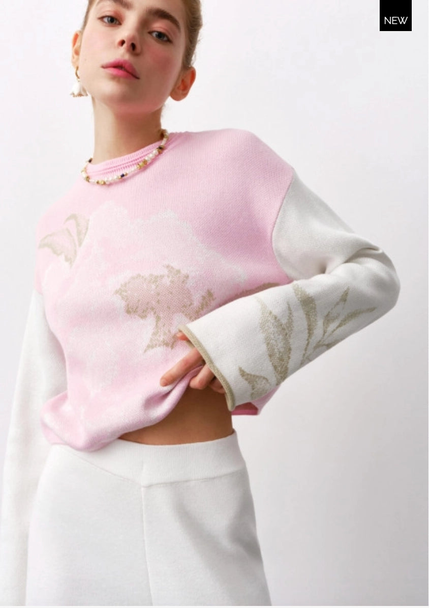 A pink knitted sweater with a light print, featuring a classic crew neck and contrasting sleeve detail. The sweater has long sleeves, a round neck, and an oversized print.